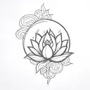 A minimalist lotus flower  surrounded by a small, stylized storm cloud   tattoo design idea