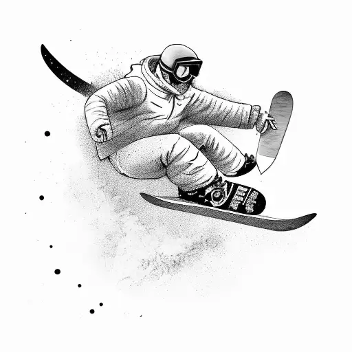 A snowboarder riding a lightning bolt down a mountain, with a knife strapped to their back tattoo design idea