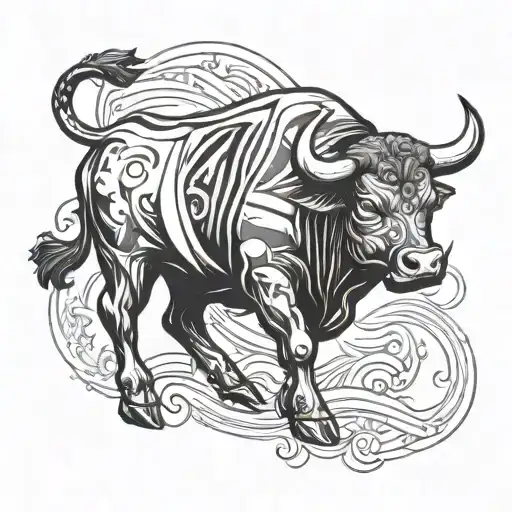 charging bull with a lowered head and spain flag draped over its back tattoo design idea
