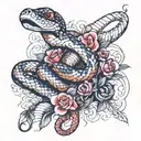 a snake, as in medicine, surrounds pointe shoes and button accordion tattoo design idea