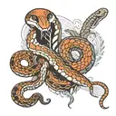 a snake, as in medicine, surrounds pointe shoes and button accordion tattoo design idea