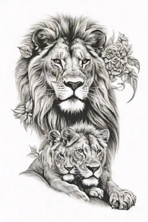 lion family man wife 2 kids  tattoo design idea