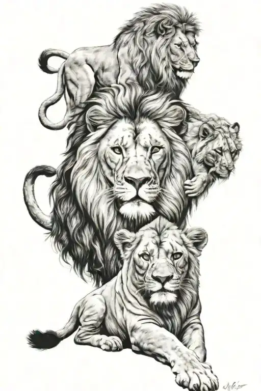 lion family man plus wife 2 kids playing tattoo design idea
