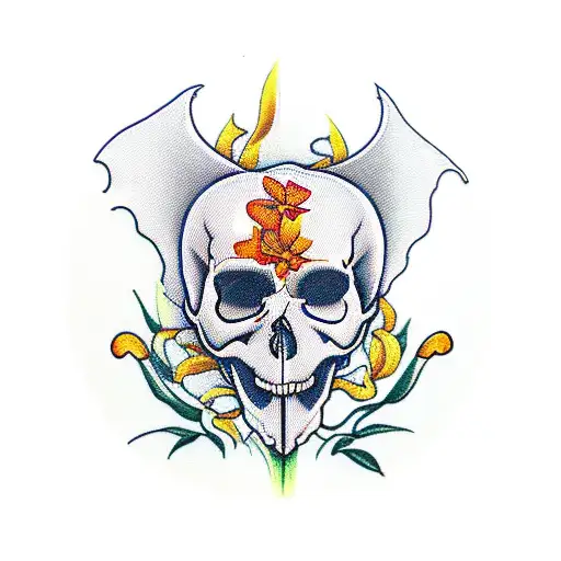 Leukemia awareness ribbon intertwined with orange tiger lilies and white calla lilies, with the inside of the ribbon designed to look like a skull with a grim reaper tattoo design idea