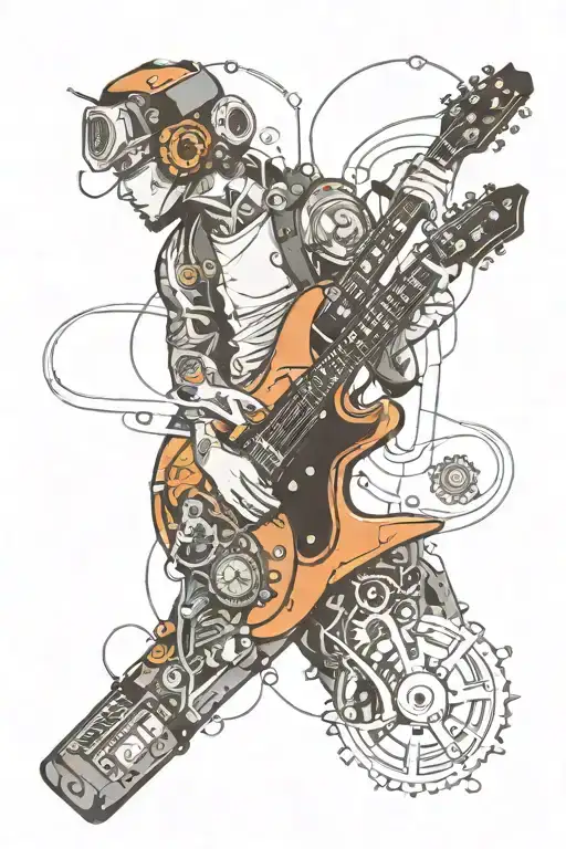 A mechanical engineer playing an electric guitar that is transforming into a sleek wristwatch, symbolizing the fusion of music and timekeeping tattoo design idea