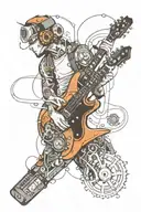 A mechanical engineer playing an electric guitar that is transforming into a sleek wristwatch, symbolizing the fusion of music and timekeeping tattoo design idea