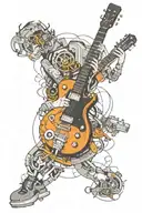 A mechanical engineer playing an electric guitar that is transforming into a sleek wristwatch, symbolizing the fusion of music and timekeeping tattoo design idea