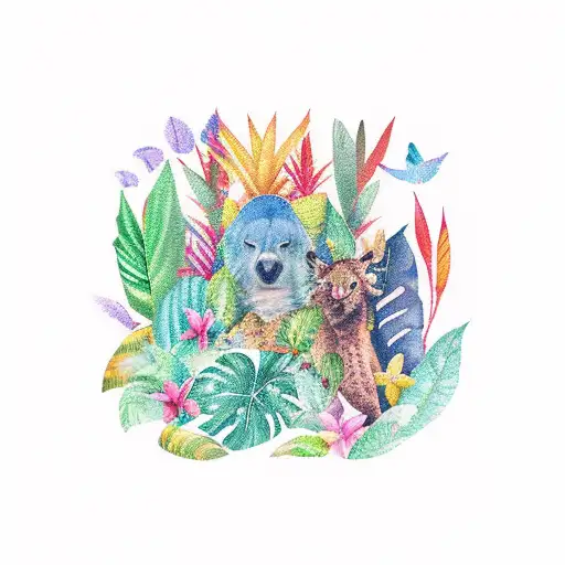 A colorful tattoo of a tropical rainforest with various animals hidden among the leaves and trees tattoo design idea