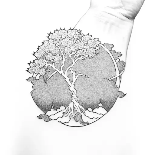 Sakura tree with anime sword sleeve tattoo design idea
