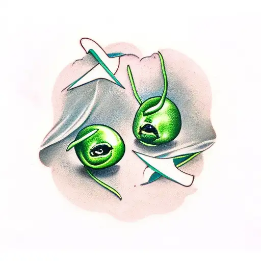  2 peapods, one open with 3 peas showing, one closed with 2 peas inside tattoo design idea