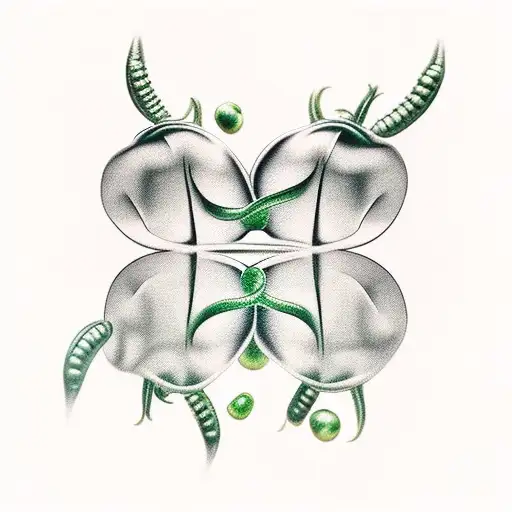 pea tendril with 2 pods, one open with 3 peas showing, one closed with 2 peas inside tattoo design idea