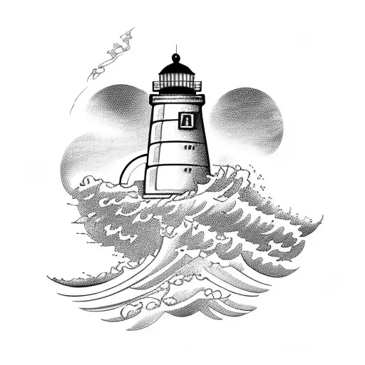 Boat with lighthouse on rough seas tattoo design idea