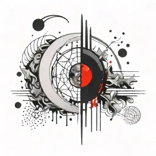 A geometric tattoo design featuring a crescent moon wearing war paint, trash polka black and red, honey comb behind. tattoo design idea
