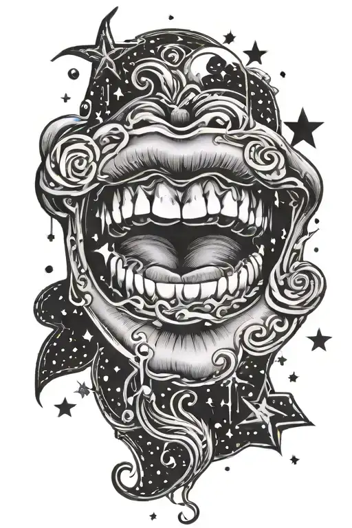 mouth with lips wide open, space and stars inside, all black tattoo design idea