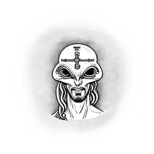 alien jesus with thirns on head in robe tattoo design idea