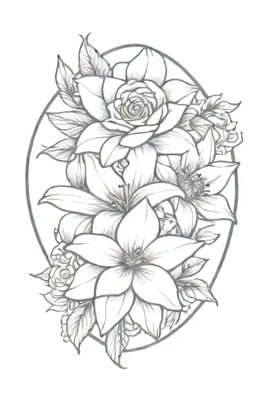  a small bouquet tied with a bow that includes a lily, rose, lavender, and a sunflower in the middle  tattoo design idea