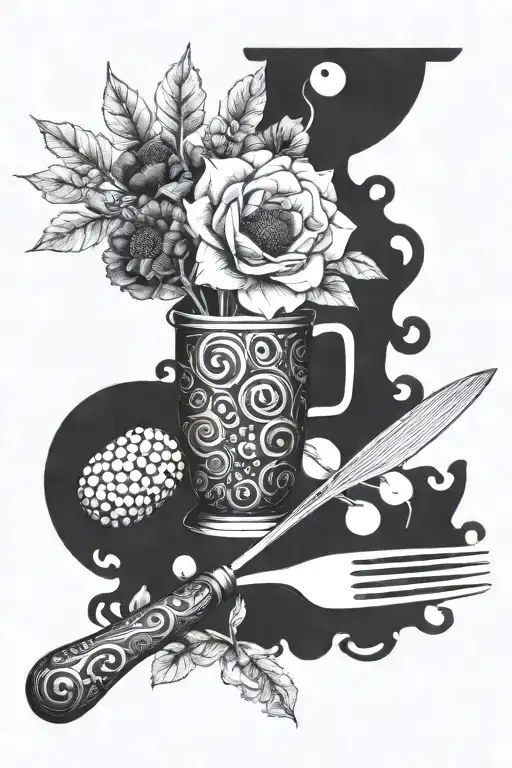 floral composition with bingo balls and kitchen utensils. tattoo design idea