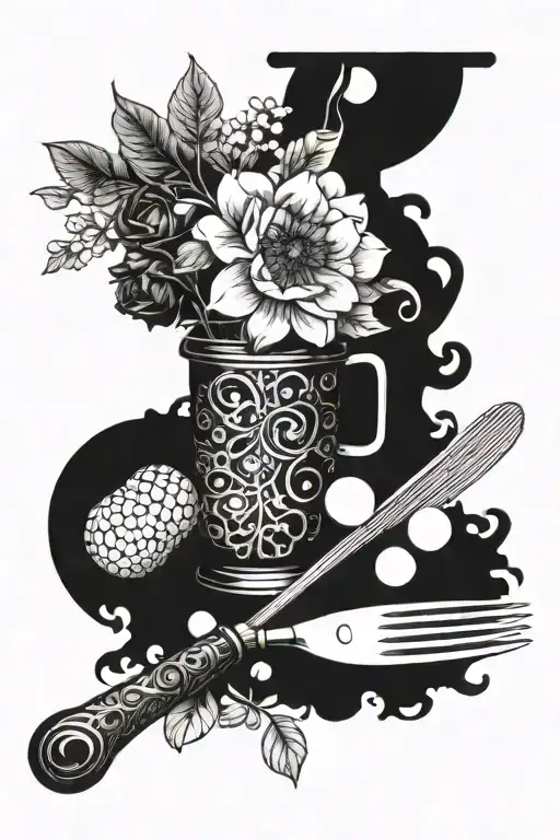 floral composition with bingo balls and kitchen utensils. tattoo design idea