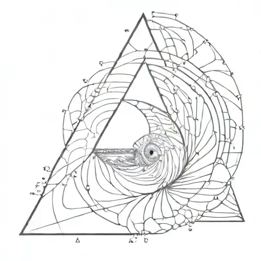 Fibonacci sequence inside a penrose triangle, outside of the triangle the fibonacci seqeunce developes in breaking wave tattoo design idea