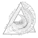 Fibonacci sequence inside a penrose triangle, outside of the triangle the fibonacci seqeunce developes in breaking wave tattoo design idea
