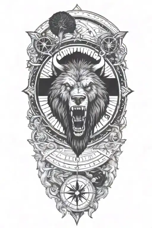 Viking compass with bear head growling  tattoo design idea