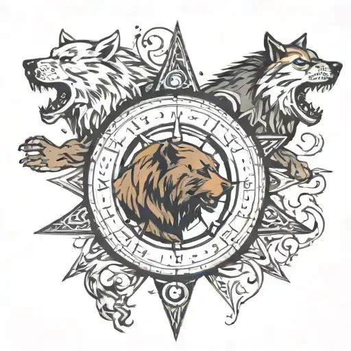 Viking compass blended with a bear and wolf fighting tattoo design idea