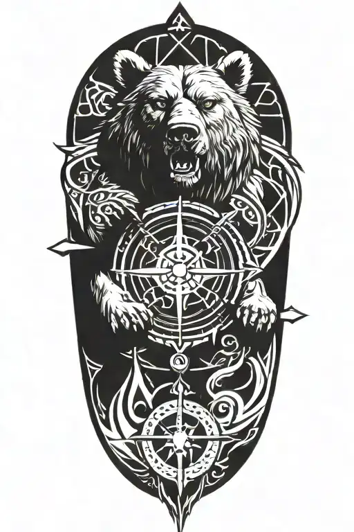 Viking compass with the head of a bear roaring  tattoo design idea