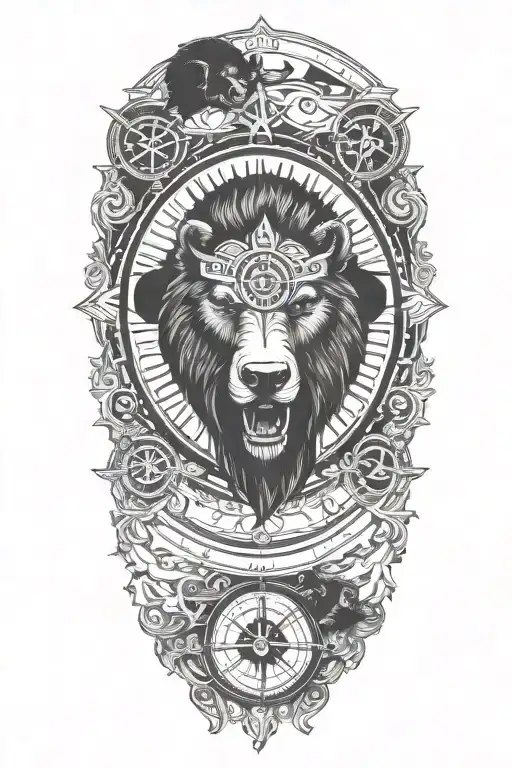 Viking compass with bear head growling  tattoo design idea