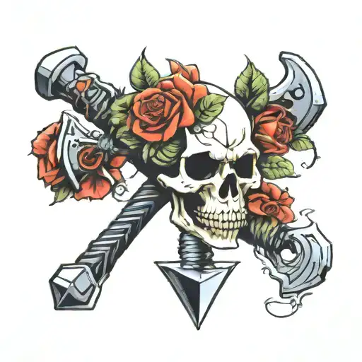skull rose and thor's hammer tattoo design idea