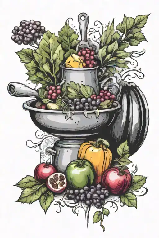 black and white cooking theme filled in with color fruits and vegetables tattoo design idea