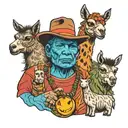Andean man coking accompanied by a crying llama animal forming the theater symbol tattoo design idea