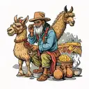 Andean man coking accompanied by a crying llama animal forming the theater symbol tattoo design idea