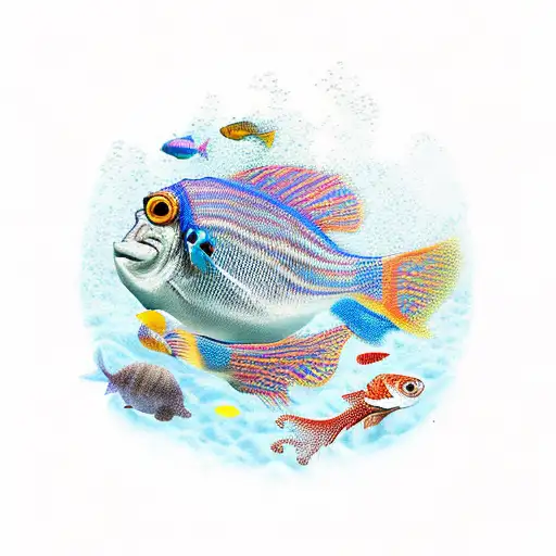 3d aquarium , colored fishes, small fish tattoo design idea