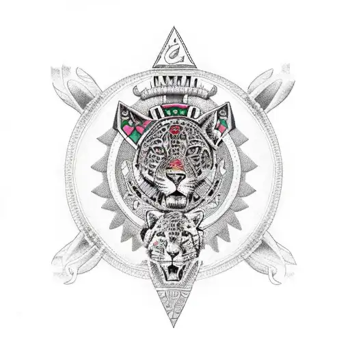 Aztec princess with Jaguar and Pyramid tattoo design idea