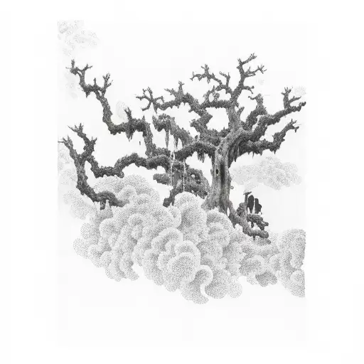 a sky heavy with storm clouds. Spanish moss drapes over ancient oak trees, and an empty, rickety wooden swing sways slig tattoo design idea