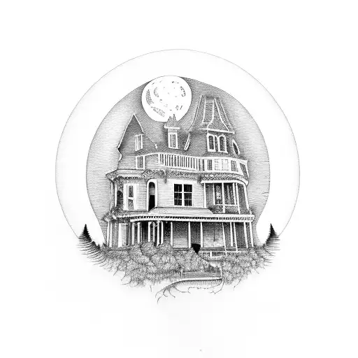 Haunted New England town, Victorian houses, barren trees, glowing jack-o'-lanterns, full moon casting long shadows tattoo design idea