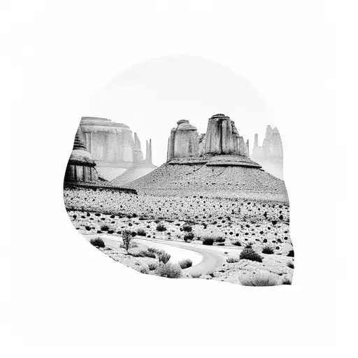 ntense summer landscape in grayscale depicting the American Southwest. Dominated by towering sandstone buttes under a st tattoo design idea
