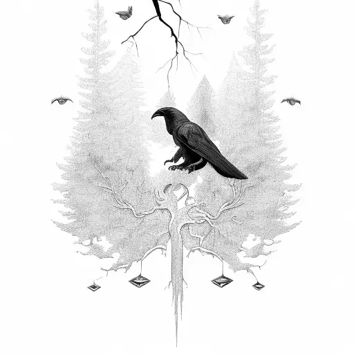 a ghostly black raven with blue glowing accents perched on the tree of life with it's roots extending down tattoo design idea