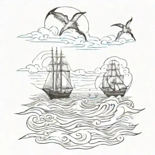three-master sailing on a wild sea surrounded by a flock of swallows tattoo design idea