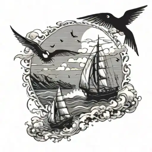 three-master sailing on a wild sea surrounded by a flock of swallows tattoo design idea