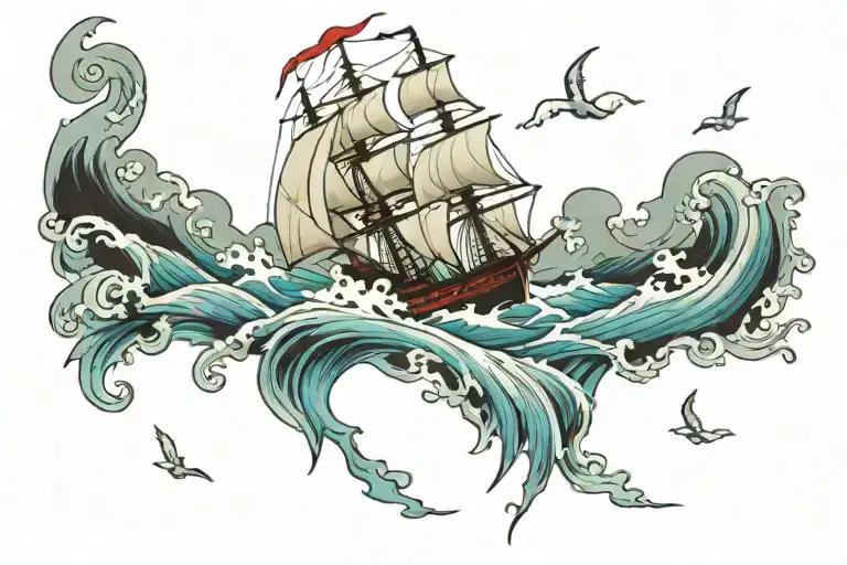 ship sailing through stormy sea with bolts piercing tattoo design idea