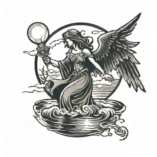 Tattoo of a dark angel hovering behind a light angel over a lake in the moon light tattoo design idea