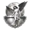 A dark angel standing behind a white angel hovering over a moon light lake  tattoo design idea