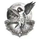 A dark angel standing behind a white angel hovering over a moon light lake  tattoo design idea