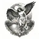 A dark angel standing behind a white angel hovering over a moon light lake  tattoo design idea
