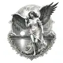 A dark angel standing behind a white angel hovering over a moon light lake  tattoo design idea