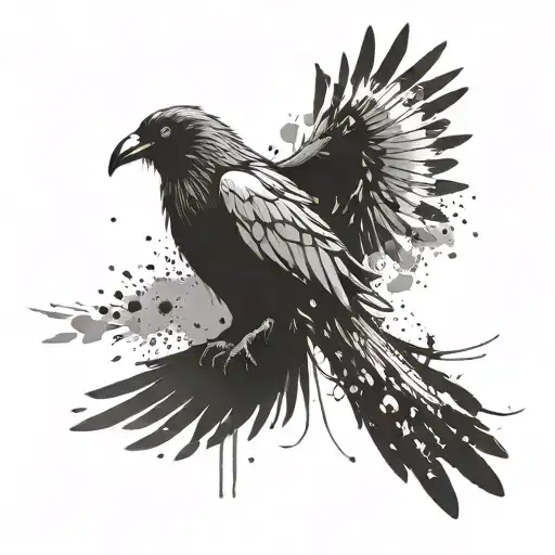 Crow with ink blots on wings and tail feathers tattoo design idea