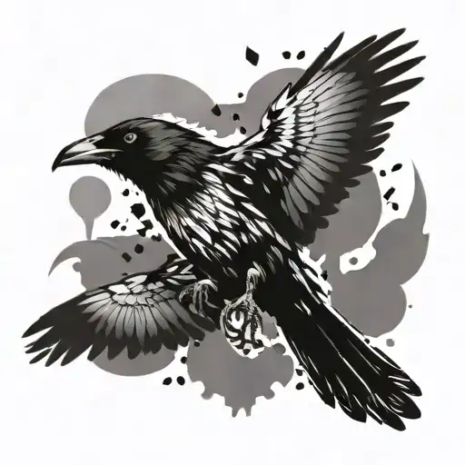 Crow flying with ink blots on wings and tail feathers tattoo design idea