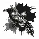 Crow with ink blots on wings and tail feathers tattoo design idea