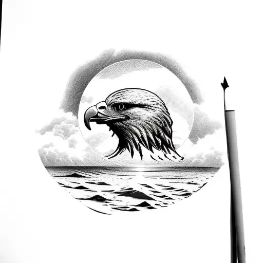 A wavy water sandy beach landscape with sun and clouds with eagle head in sky tattoo design idea